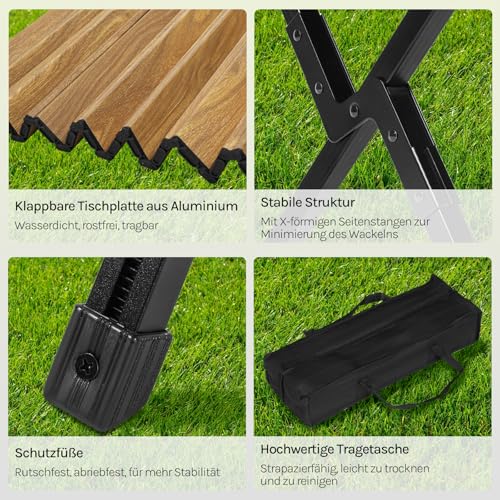 Woltu Faltbarer Campingtisch - Aluminium - Holz - 90 x 60 cm - Höhenverstellbar