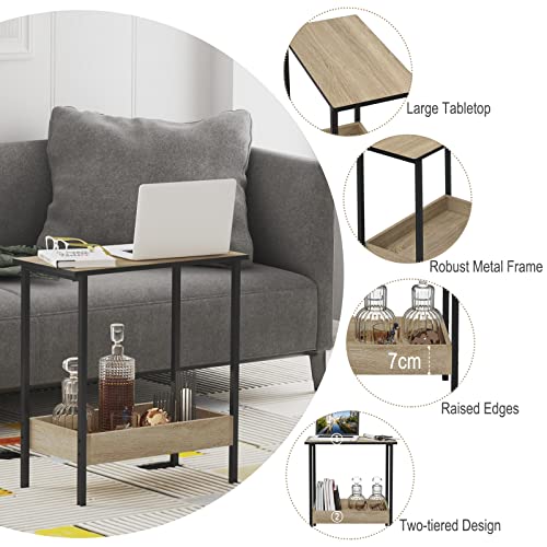 Woltu Couchtisch mit 2 Ablagen - Schwarzes Metall und helle Eiche - 50 x 55 x 25 cm
