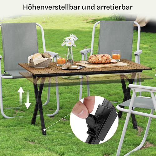 Woltu Klappbarer Campingtisch - Aluminium, höhenverstellbar, Holzoptik, inkl. Tragetasche