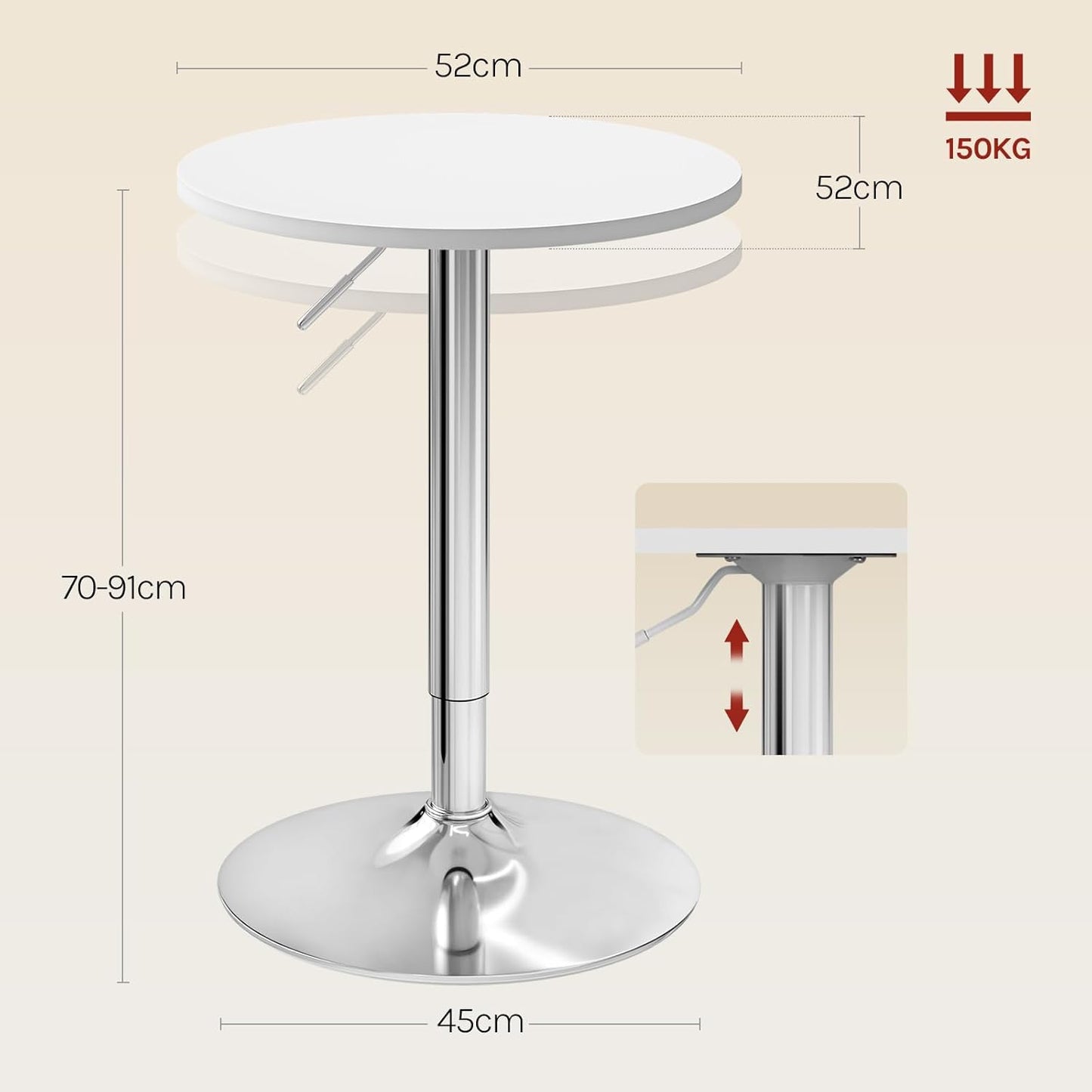 WOLTU Verstellbarer Bartisch – Ø 52 cm – Höhe 70–91 cm – drehbar – Chromfuß Ø 45 cm