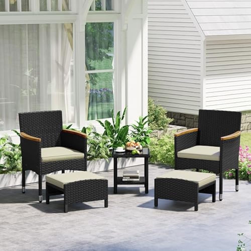 Yaheetech 5-teiliges Lounge Set Schwarz/Beige - PE Rattan - Stuhl 62 x 61,5 x 84,5 cm - Mit Tisch und Fußhockern