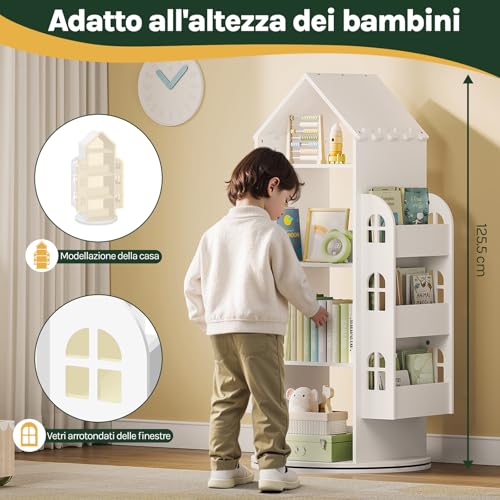 Woltu Kinderbuchregal Weiß 4-stöckig mit 2 Seitenregalen Hausform 63 x 59 x 125 cm