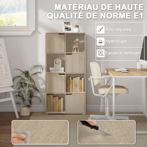 Woltu Bücherregal SK039hei - Lagerschrank mit 8 Fächern und 4 Türen - Spanplatte Eiche hell - 60x30x120 cm