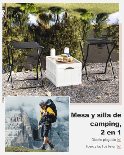 eSituro Camping Tisch 2-in-1 mit abnehmbarer Platte - Schwarz - 40,5 x 40,5 x 50 cm