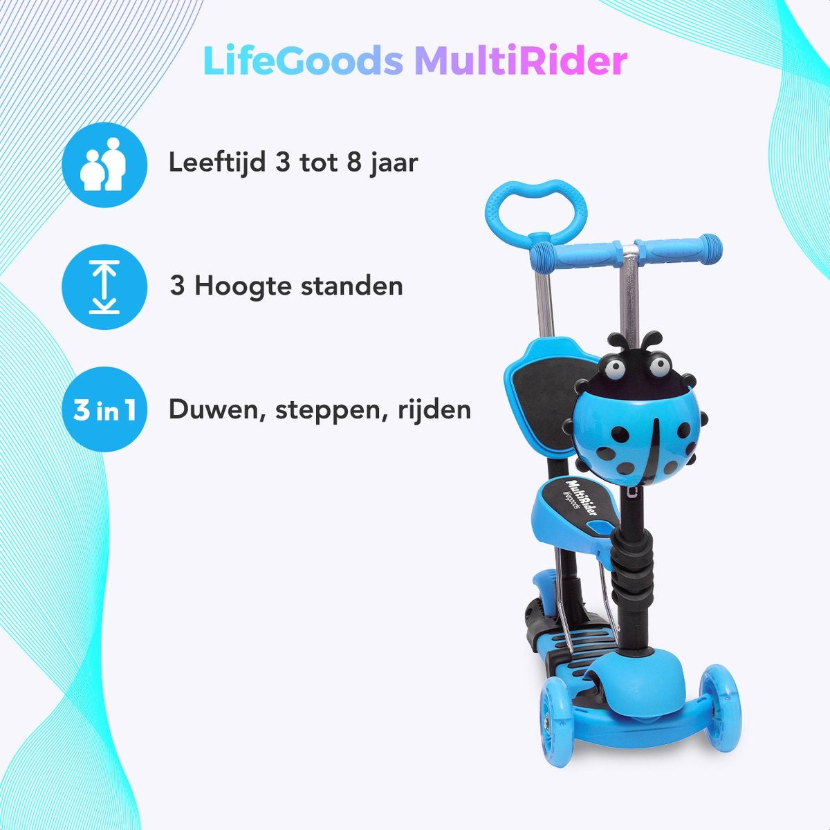 LifeGoods MultiRider - Kinderroller mit Schiebestange - 3 -8 Jahre - Jungen/Mädchen - 3 leuchtende Räder - Blau