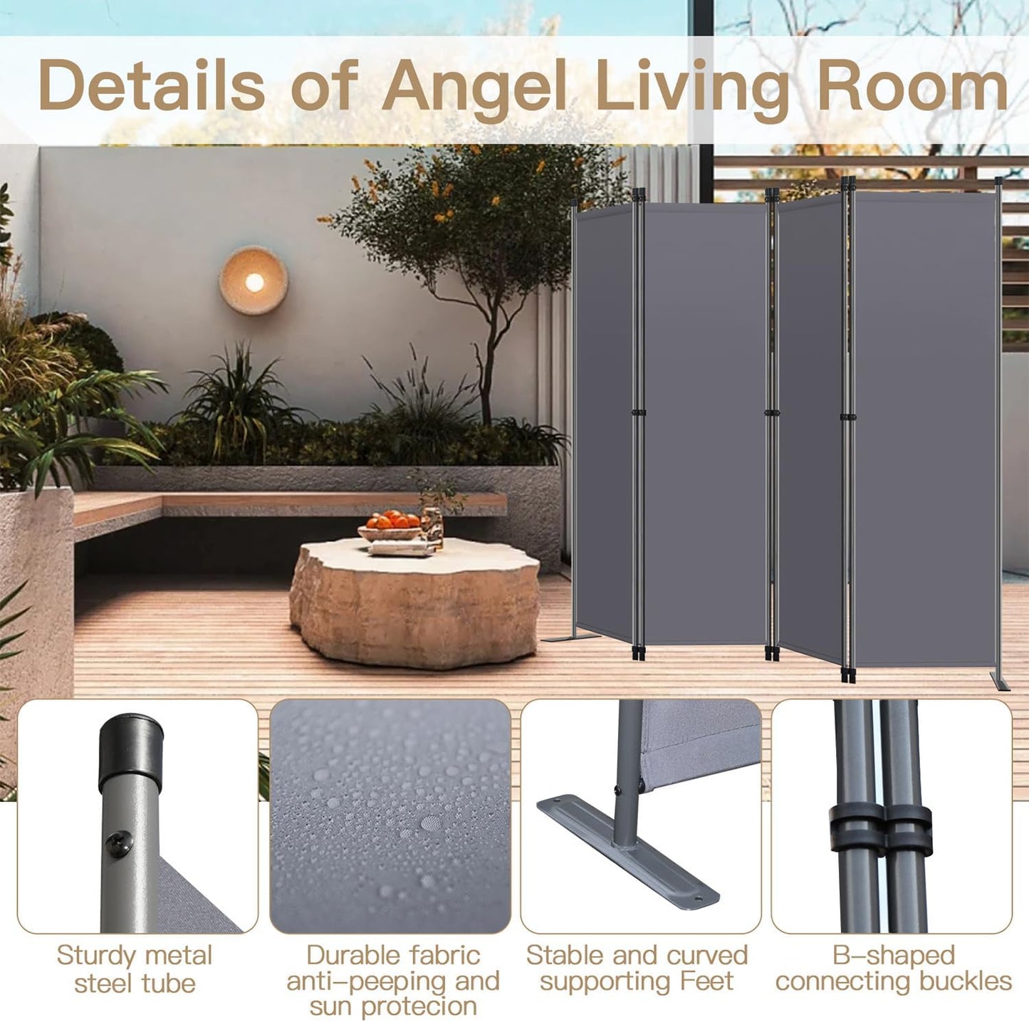 Angel Living Room Screen 4-Panels - Stabiler Raumteiler & Sichtschutz aus Stahl und Polyester, faltbar - Grau