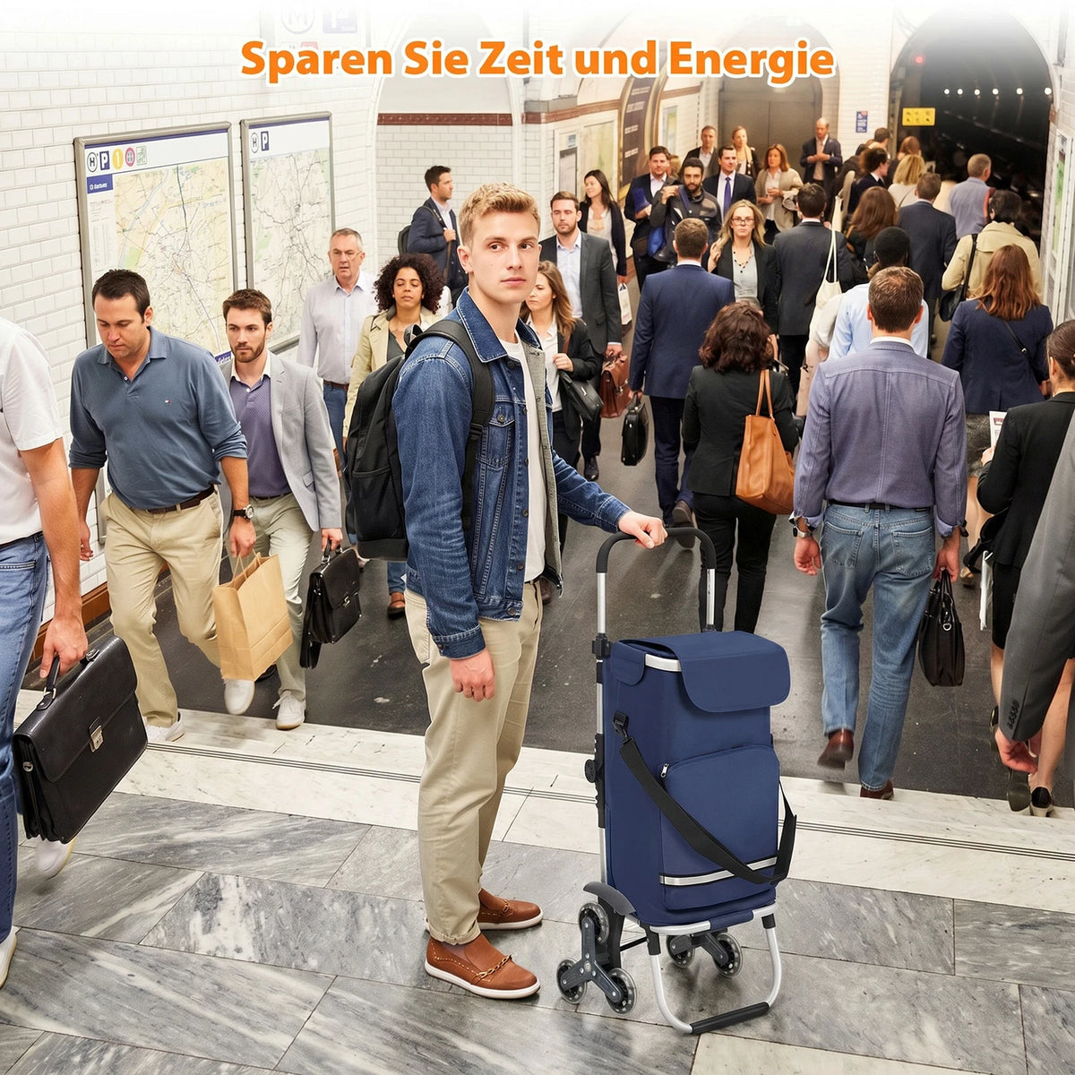 Zusammenklappbarer Einkaufswagen „Traploper“ 60 l – 3-in-1 mit Kühlfach und 6 Rädern – Aluminiumrahmen – Blau – 36 x 42 x 98 cm