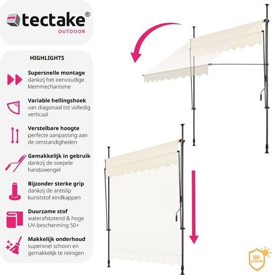 tectake - Klemmmarkise - Sonnenschirm - Verstellbar - Klemmmarkise - Sonnenschirm Balkon - 200 x 180 cm - beige - Markise - 404957
