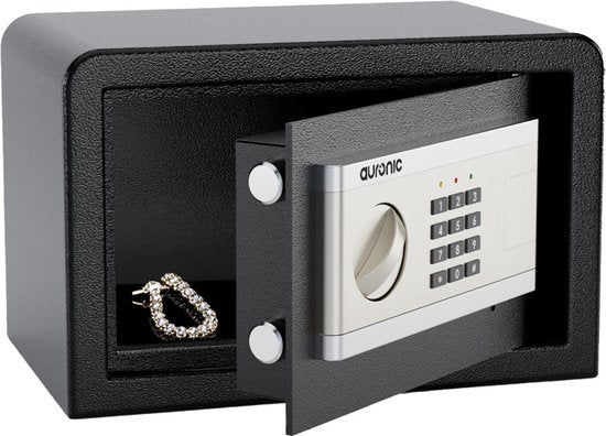 Auronic Electronic Safe - Zahlenschloss - Schlüssel - Wandmontage - 4.3cm Tür - 130dB Alarm - 8L - 31x20x20cm - 4.5KG - Stahl - Schwarz