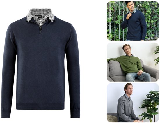 Milanoro - Herren Pullover mit Hemdkragen und halbem Reißverschluss - Navy - XXL
