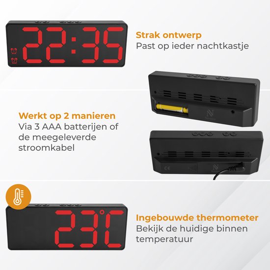 Nuvance Digitaler Wecker - Digitaluhr - Wecker für Kinder & Erwachsene - Reisewecker - Schlafzimmer - Led Wecker Digital - Rot