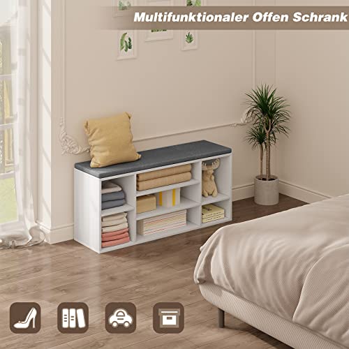 Woltu Schuhbank mit 7 Fächern - Holzschuhregal mit Sitz und Kissen - Weiß mit Grau - 103,5 x 48 x 30 cm
