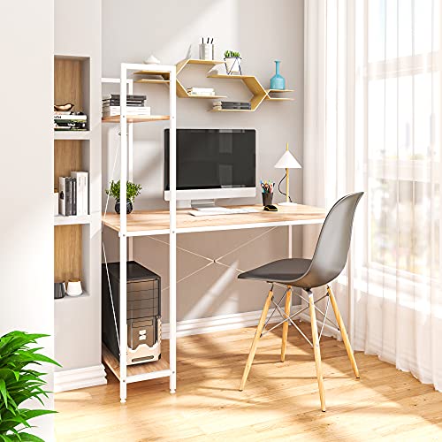Woltu Computertisch Eiche hell + weiß mit 4 Ablagefächern - Geräumiger Arbeitsplatz 120x64 cm
