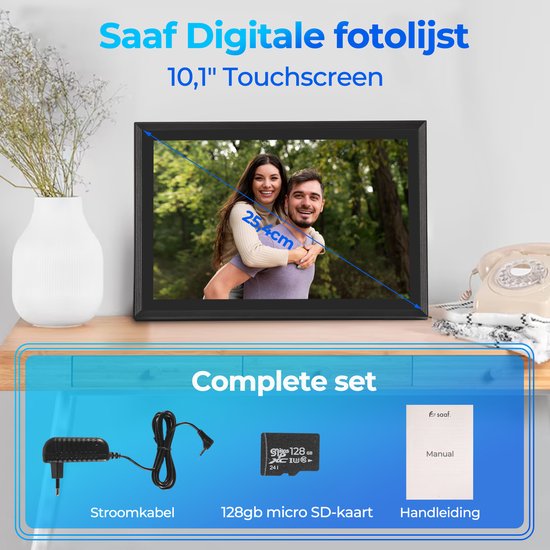 Saaf Digitaler Fotorahmen - Mit Wifi - 10,1" Touchscreen & 160GB - Mit App - Schwarz