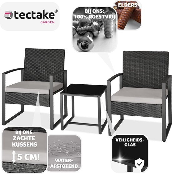 tectake - Geflechtsitzgruppe 2x Sessel mit Tisch, Balkonmöbelset, Gartenmöbel, Balkonmöbel, kleine Lounge, gepolsterte Stühle inklusive Gartentisch, wetterfest - schwarz - Poly-Rattan