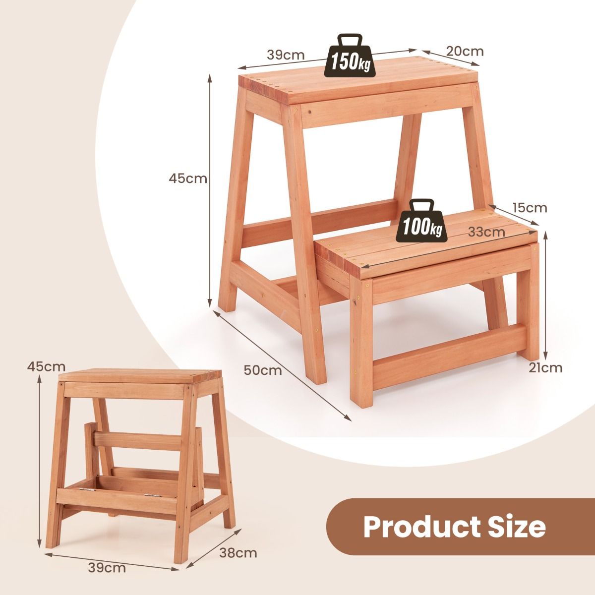 Coast 2-Step Foldable Wooden Stool Natural - Multifunktionale Stufe für Kinder und Erwachsene 50x39x45 cm