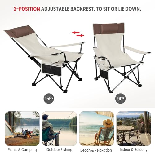 Woltu Campingstuhl mit Rückenlehne und Getränkehalter Beige 150 kg Belastbarkeit