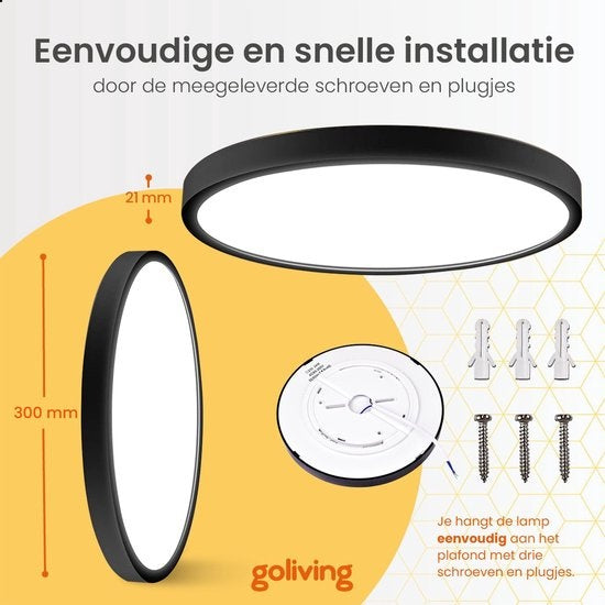 Goliving Deckenleuchte - Deckenleuchte - Led - Extra dünn - Warmweißes Licht - Schlafzimmer - Badezimmer - Wohnzimmer - Ã˜ 30cm - Schwarz