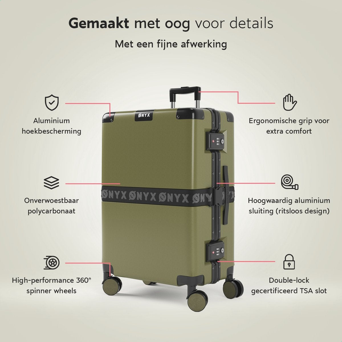 ONYXÂ® Check-in Koffer 65L - TSA-Schloss - Spinner-Räder - Leichter Trolley - Aluminiumverschluss - Olivgrün