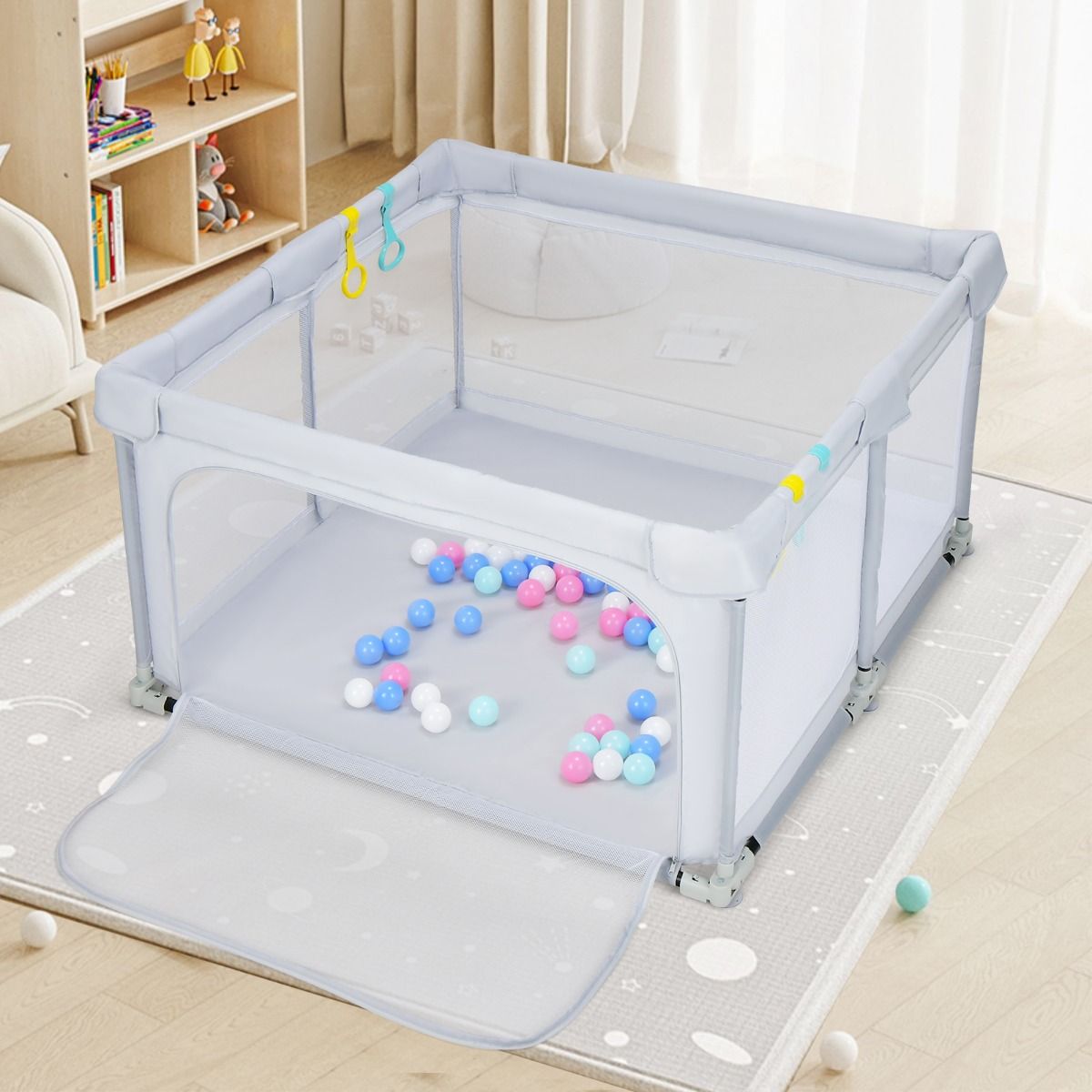 Coast Faltbare Babybox 124x124x70 cm Grau mit 50 Ozeanbällen und 4 Griffen - Oxford-Gewebe, atmungsaktives Mesh
