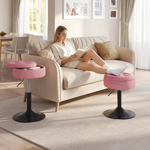 Woltu Make-up-Hocker mit Ablage - Verstellbarer Barhocker 50-66,5 cm - Runder Sitz - Samtrosa