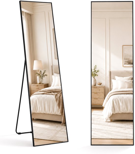 Infinity Goods Ganzkörperspiegel – Wandspiegel – Standspiegel in rechteckiger Form – luxuriöser Metallrahmen – 160 x 40 cm – Schwarz