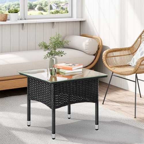 Woltu Gartentisch Rattanoptik Schwarz 50 x 50 x 45,5 cm