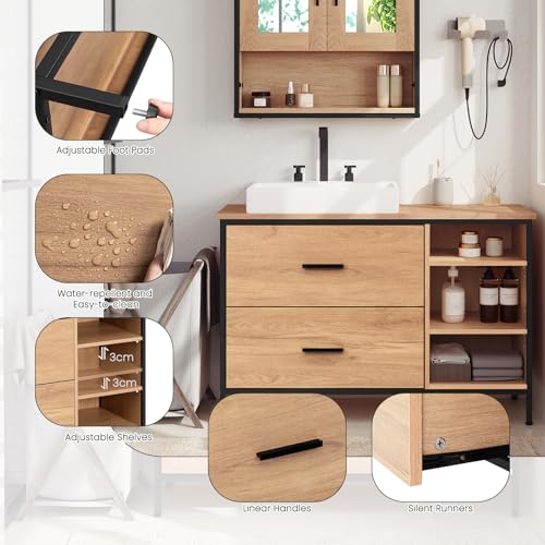Eugad Badezimmerschrank mit 2 Schubladen und 3 offenen Fächern Eiche hell - Schwarz 90 x 30 x 60 cm