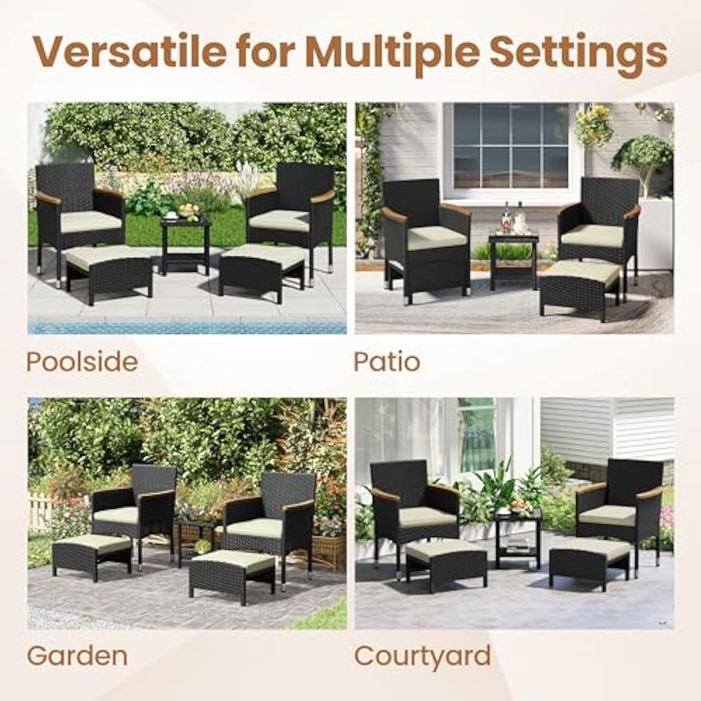 Yaheetech 5-teiliges Lounge Set Schwarz/Beige - PE Rattan - Stuhl 62 x 61,5 x 84,5 cm - Mit Tisch und Fußhockern