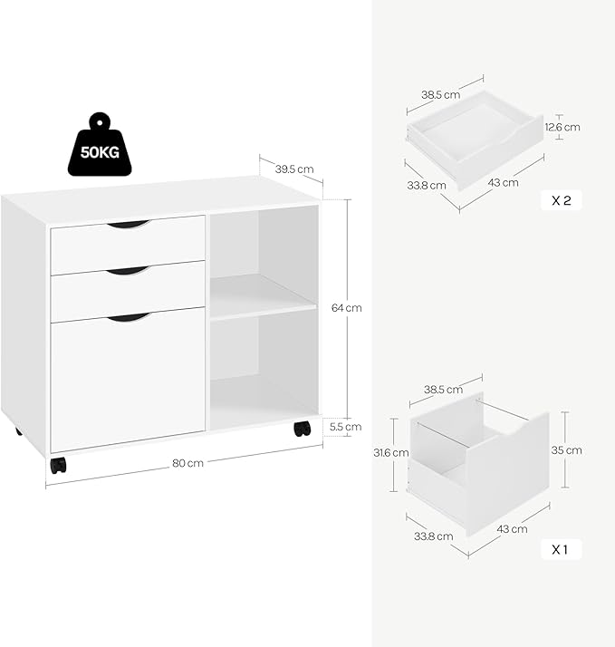 WOLTU ASK13ws Rollcontainer - mobiler Schubladenblock für das Büro - 3 Schubladen - weiß - 80 x 69,5 x 39,5 cm