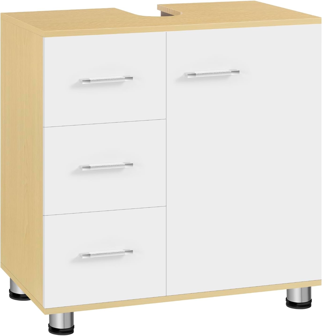 Eugad Badezimmerschrank Weiß/Helle Eiche – 60 x 60 x 30 cm – 3 Schubladen – Verstellbares Regal