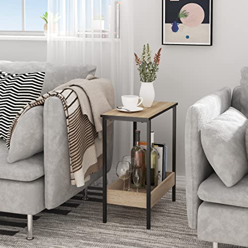 Woltu Couchtisch mit 2 Ablagen - Schwarzes Metall und helle Eiche - 50 x 55 x 25 cm