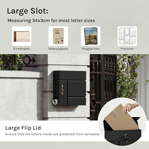 Woltu Outdoor-Briefkasten mit 3 transparenten Fenstern und Schloss - Schwarz - 37 x 10,5 x 37 cm