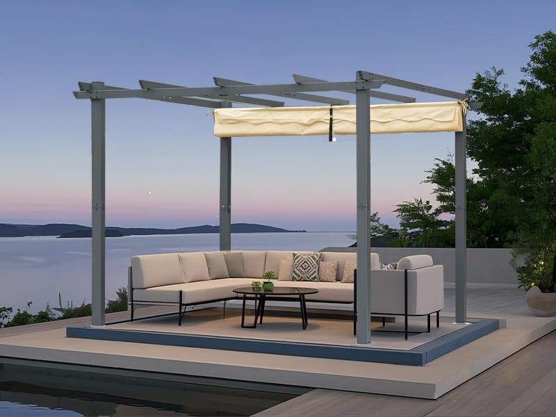 Angel Living Aluminium Pergola - Einziehbares Dach - Elegantes Design - Pavillon - Gartenlaube - mit wasser- und UV-beständigem Polyestergewebe - Beige - 3 x 3 m