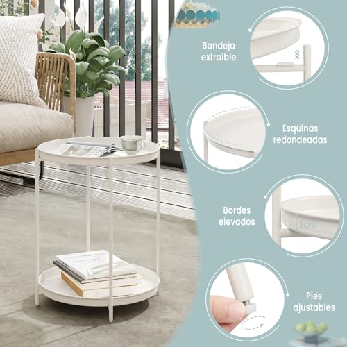 Woltu Runder Beistelltisch mit 2 herausnehmbaren Ablagen - Metall, Creme - Ø44 cm, Höhe 57 cm