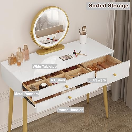 Woltu Schminktisch MB6105ws mit Hocker und LED-Spiegel - Schminktisch aus Holz mit verstellbarer Beleuchtung, 3 Schubladen, Samtsitz mit Rückenlehne - Weiß, Creme und Gold - 100x40 cm