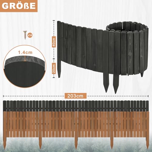Woltu Flexibler Gartenzaun aus Holz - Anthrazit - 203 x 60 cm