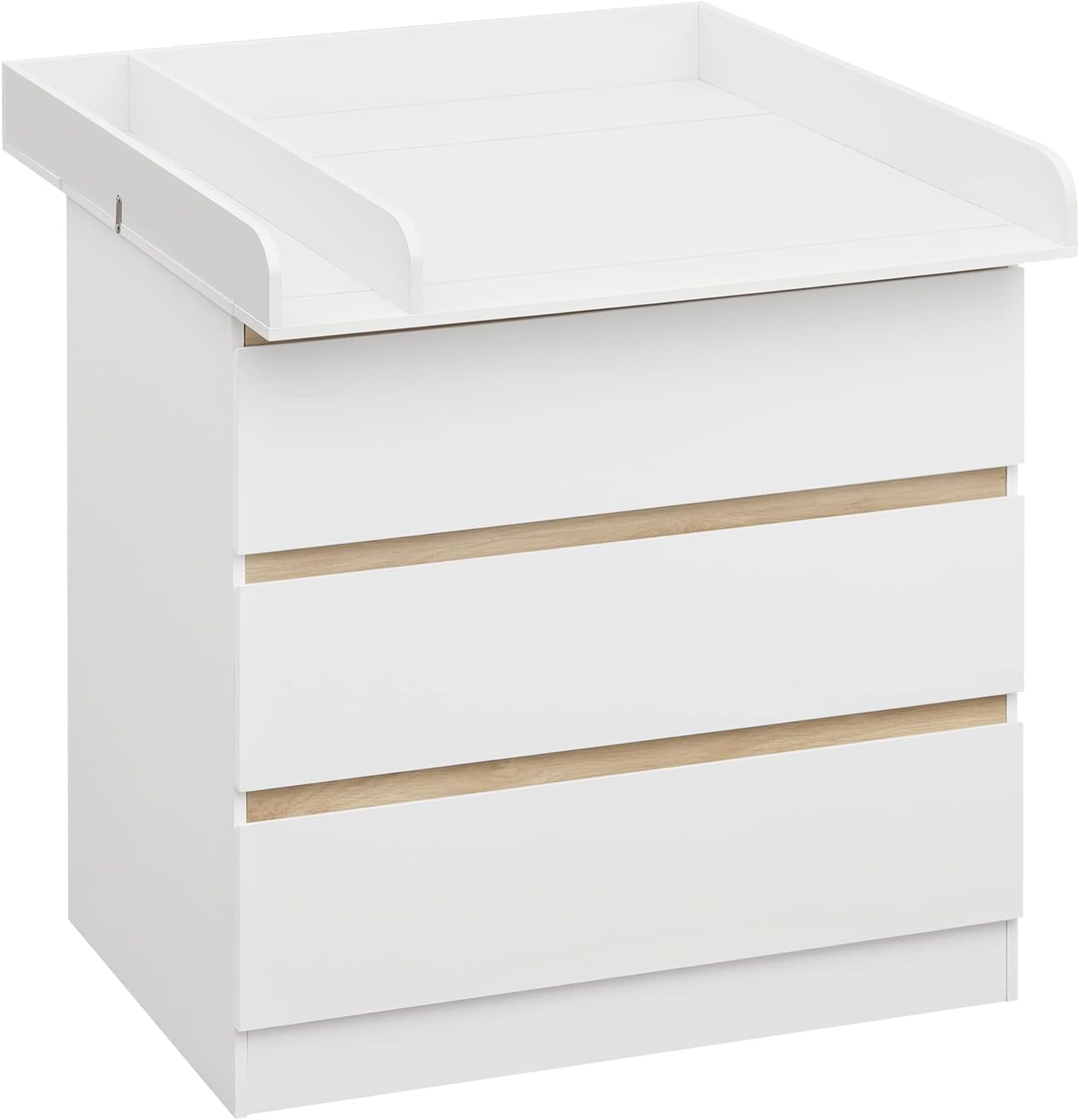 Woltu Wickeltisch mit Wickelaufsatz - 80x48x78 cm - Weiß und Eiche - 3 Schubladen - Ergonomisch 86 cm Arbeitshöhe