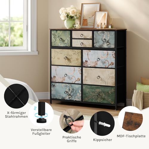 Woltu Kommode mit 10 Schubladen Vintage-Blumenmotiv - Braun - 100 x 100 x 30 cm