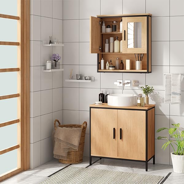 Eugad Badezimmerschrank mit 2 Türen und Spiegel Eiche hell 56 x 13 x 60 cm