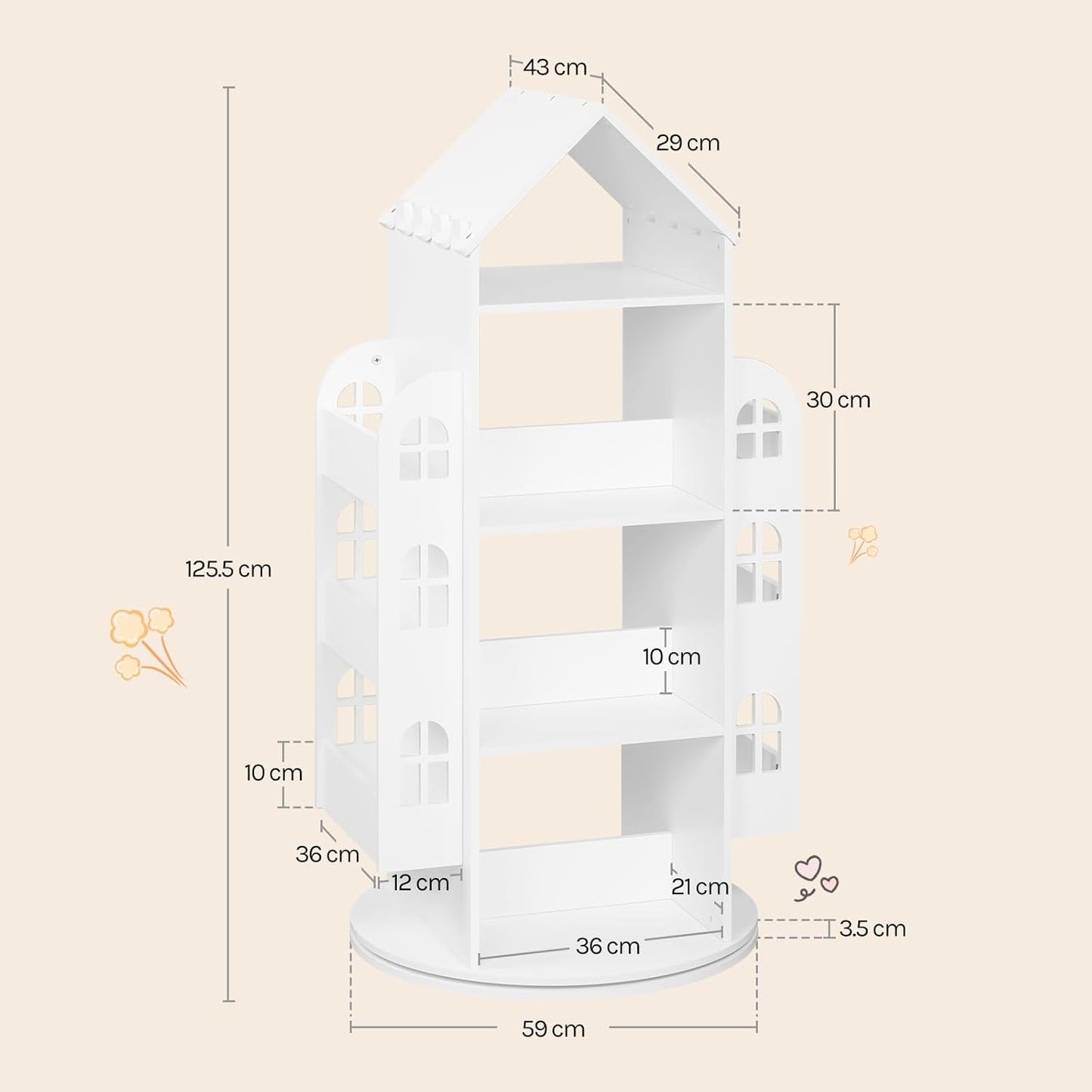 Woltu Drehbares Kinderbuchregal Weiß 63x59x125 cm - Montessori Aufbewahrungsschrank mit 4 Etagen und Seitenfächern