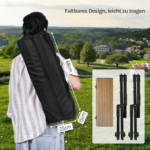 Woltu Klappbarer Campingtisch - Aluminium, höhenverstellbar, Holzoptik, inkl. Tragetasche