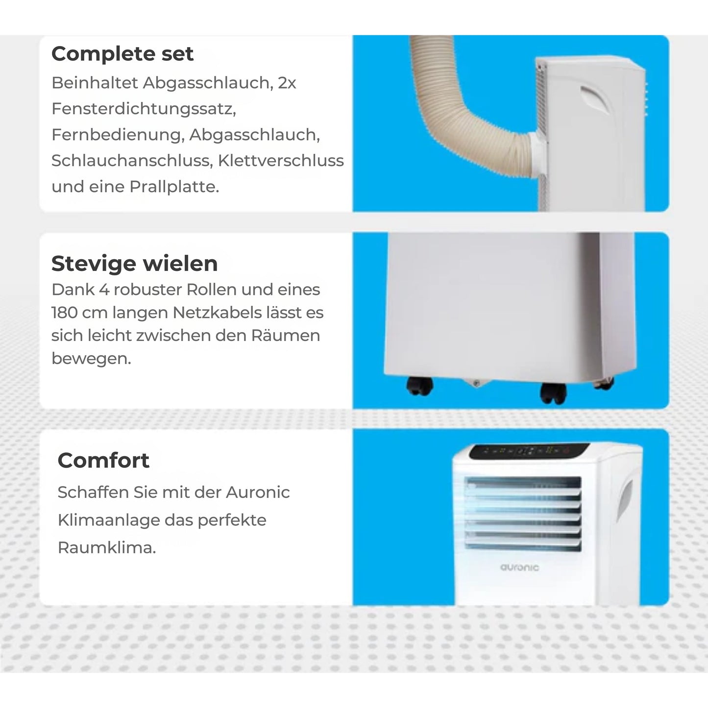 Auronic Mobile Klimaanlage - 4 Stufen - Mit Fernbedienung und Fensterdichtungssatz - Für 15-35 m2 - Weiß