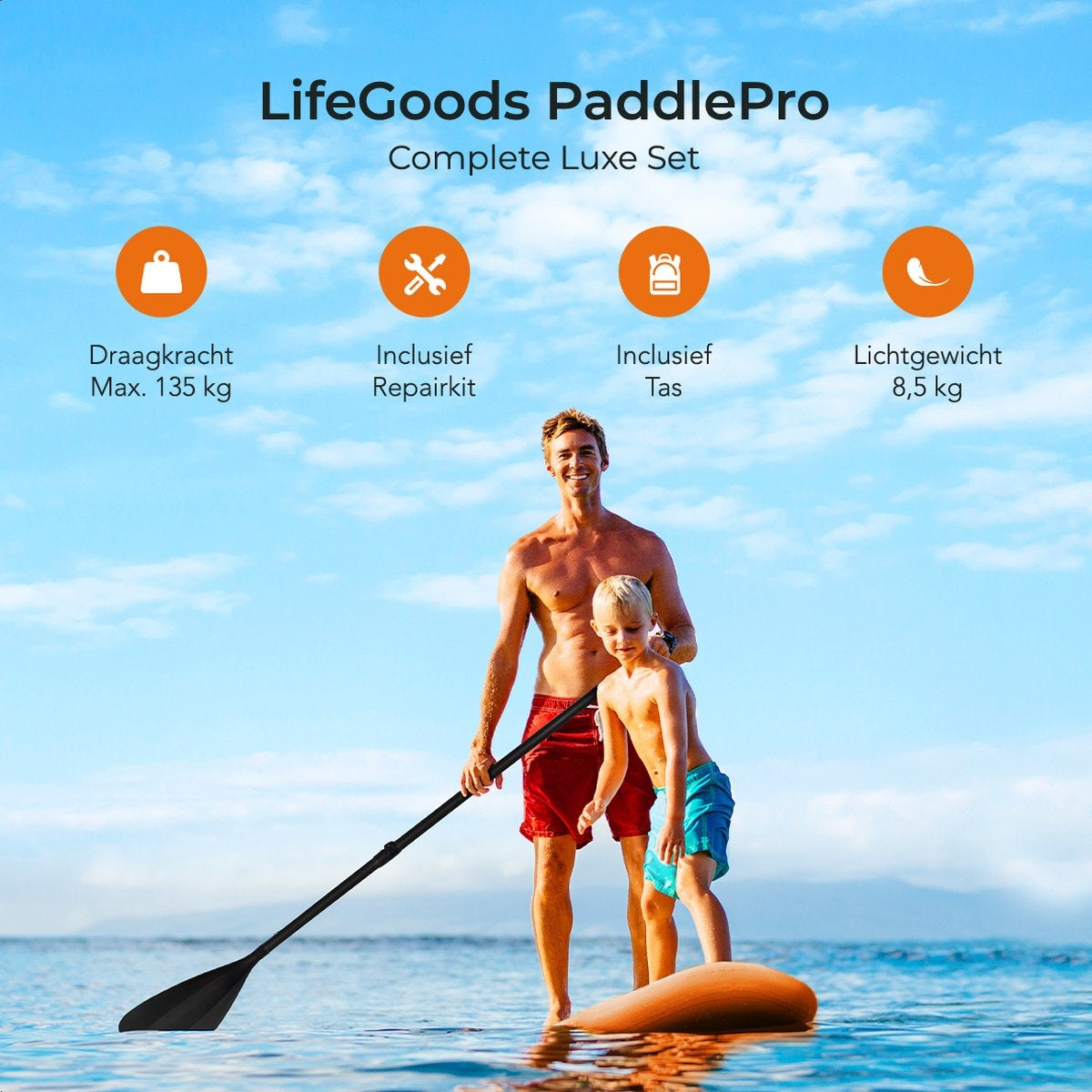 LifeGoods SUP Board - Deluxe Set - mit Sitz - Aufblasbares Paddle Board - Max. 135KG - 320x81cm - Orange
