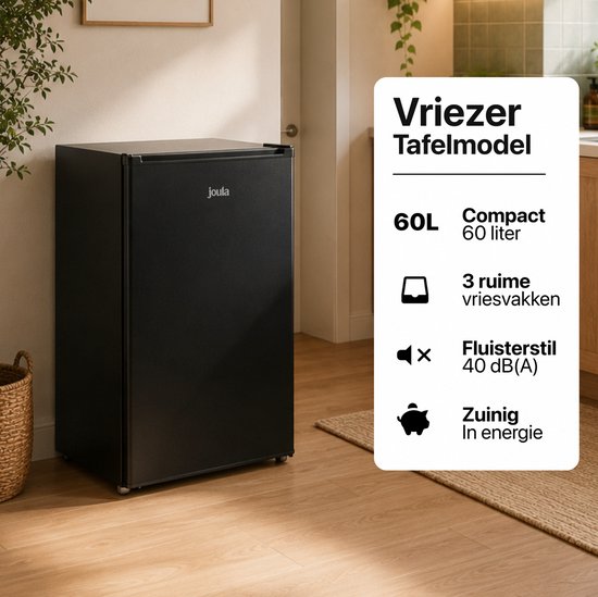 Joula Tischgefriertruhe – freistehend, Mini/klein – 60 Liter – 3 Gefrierschubladen – Schwarz