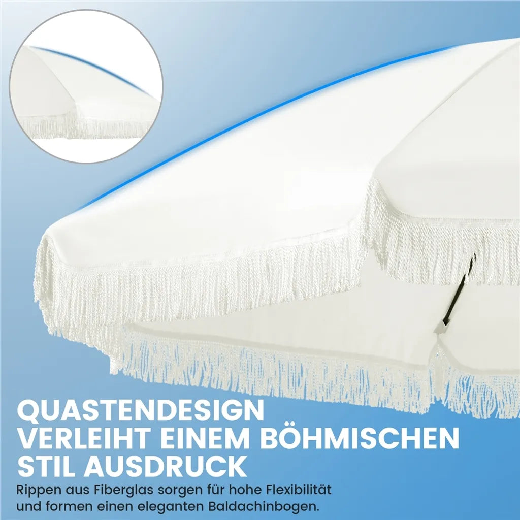 Yaheetech Sonnenschirm - Mit Fransen - Kippbar - Mit Kurbel - Ø215 cm - Cremeweiß - Retro Design