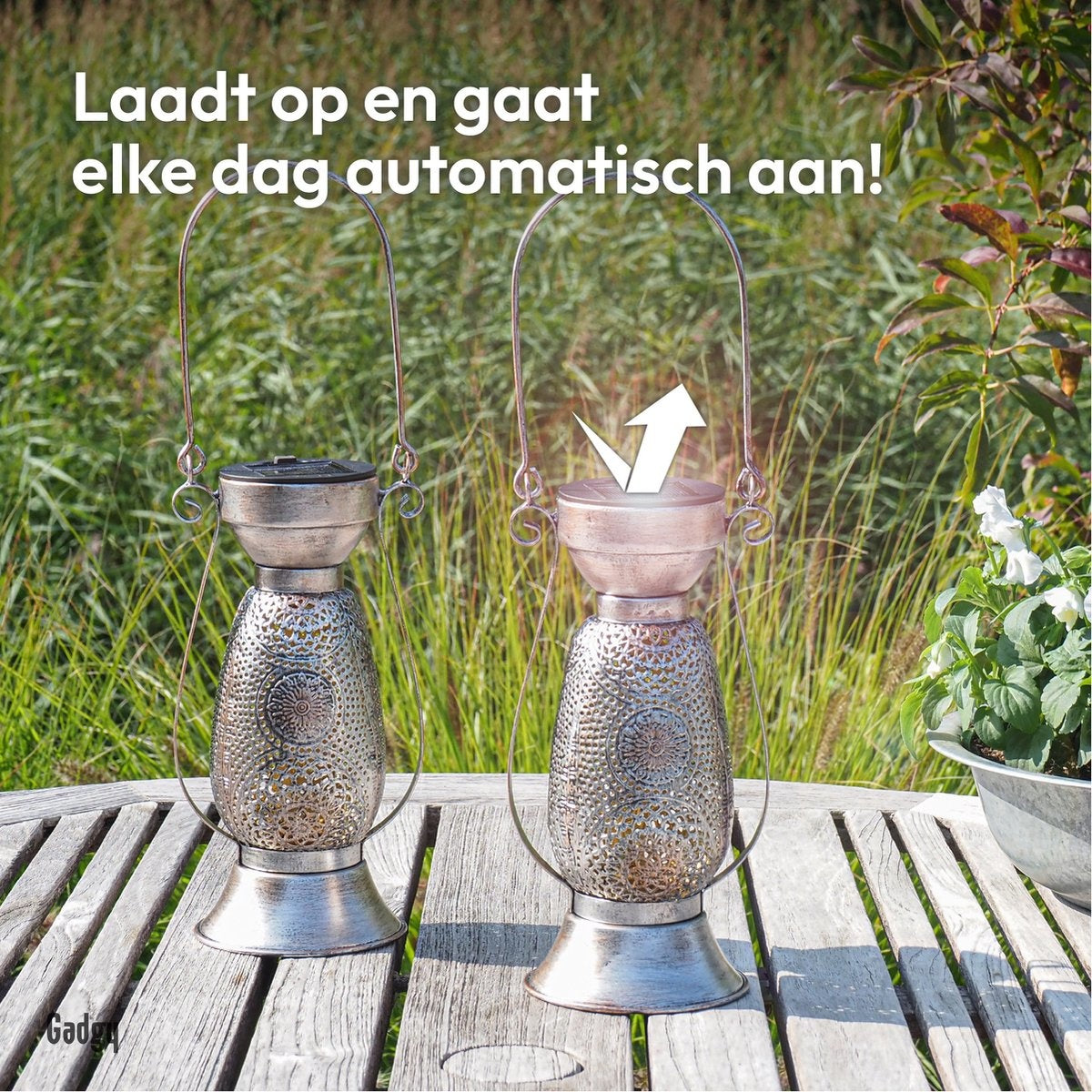 Gadgy Solar-Tischlampe Petroleum - 2er-Set aus Metall - Solar-Gartenleuchte - Led-Außenleuchte mit Tag/Nacht-Sensor - Tischleuchte - Hängelampe - Gartenlaterne - 21 x Ã˜11,5 cm