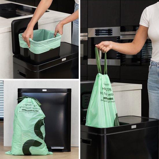 Deleca 30 Liter Müllbeutel (30 Stück) - Biologisch abbaubare GFT-Müllbeutel - Inkl. Spender - Für Mülltrennung Treteimer & Abfalleimer - 51x72 cm / 100% kompostierbare Bio-Beutel