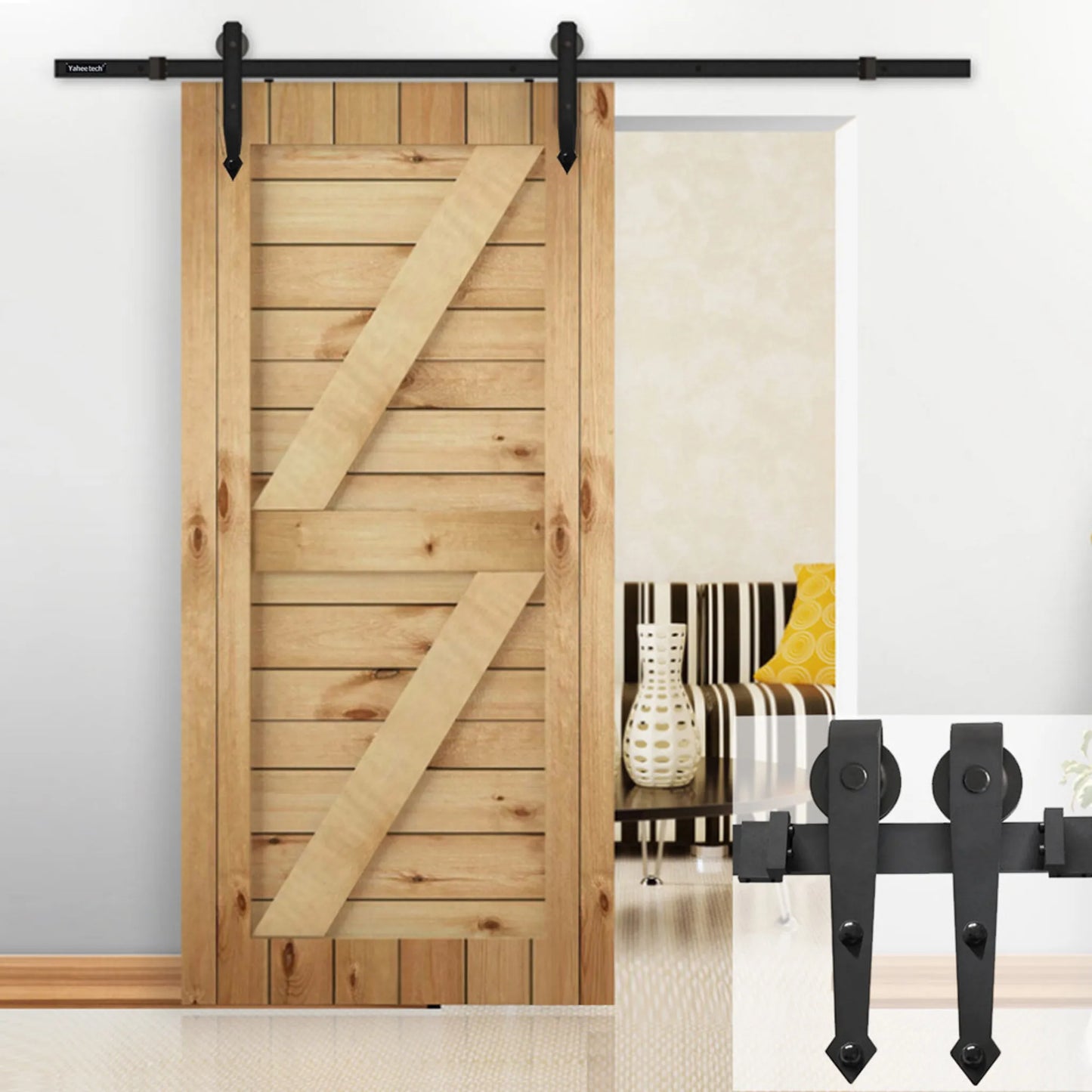 Yaheetech Sliding Door Hardware Set 183 cm - Ausgestattet mit Karbonstahlrollen und Türstoppern und Bodenführung - Für Holz- und Metalltüren - Schwarzes Eisen - 183 x 23 x 5,5 cm