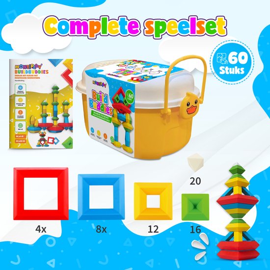 MontiPlay® Build Buddies - 60 Piece Block Tower - Montessori Spielzeug - Stacking Bricks & Blocks - STEM & Sensory Kleinkinderspielzeug - Ab 3 Jahren - Kinderspielzeug - Bauklötze - Toy Book 2024